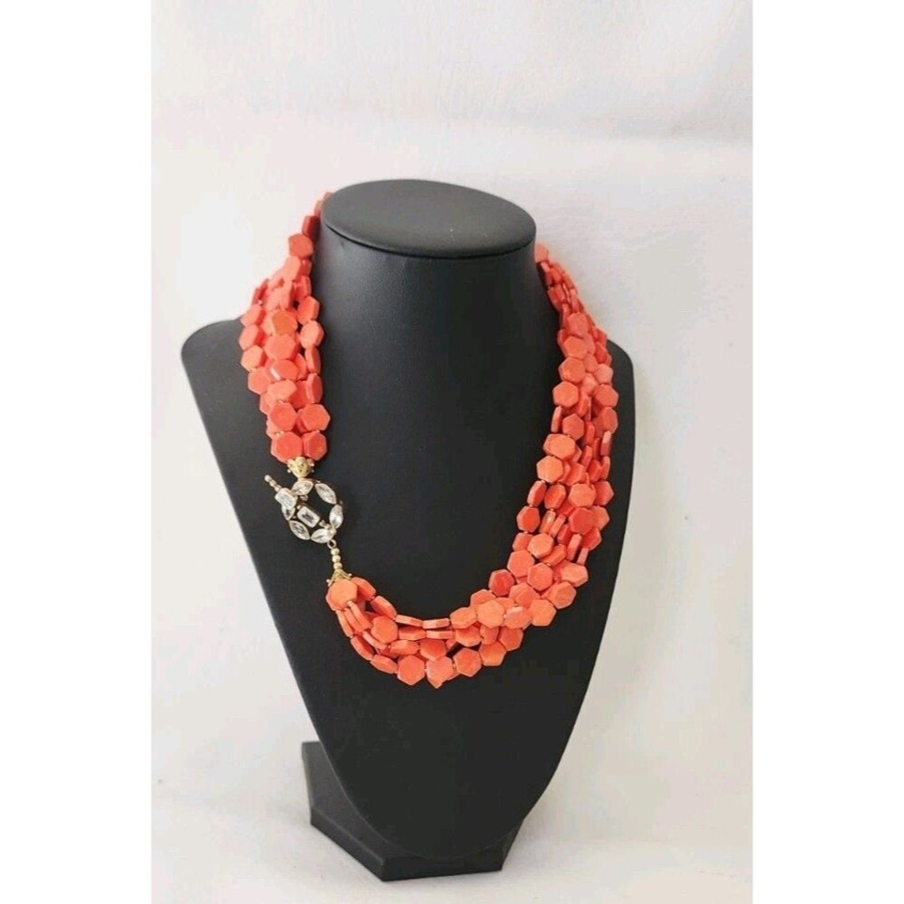 Vintage Faux Coral Stone Multi Strand Beaded Layered Necklace Ornate Toggle Clas